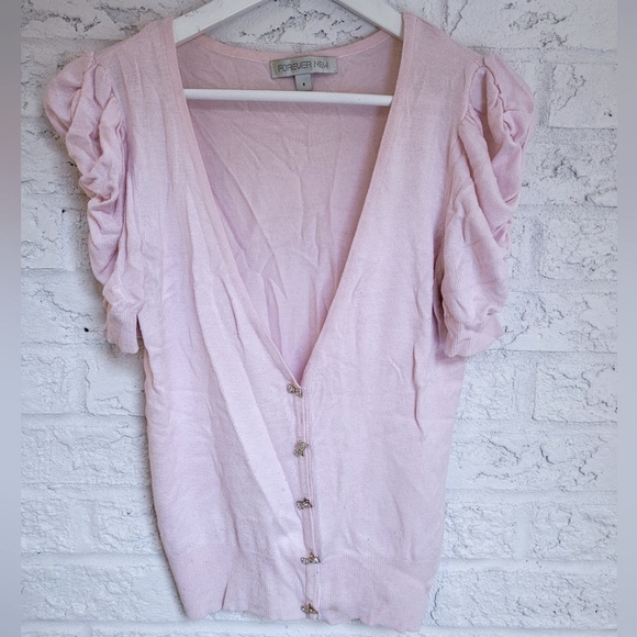 Pink Puff-Sleeve Cardigan - Picture 1 of 5